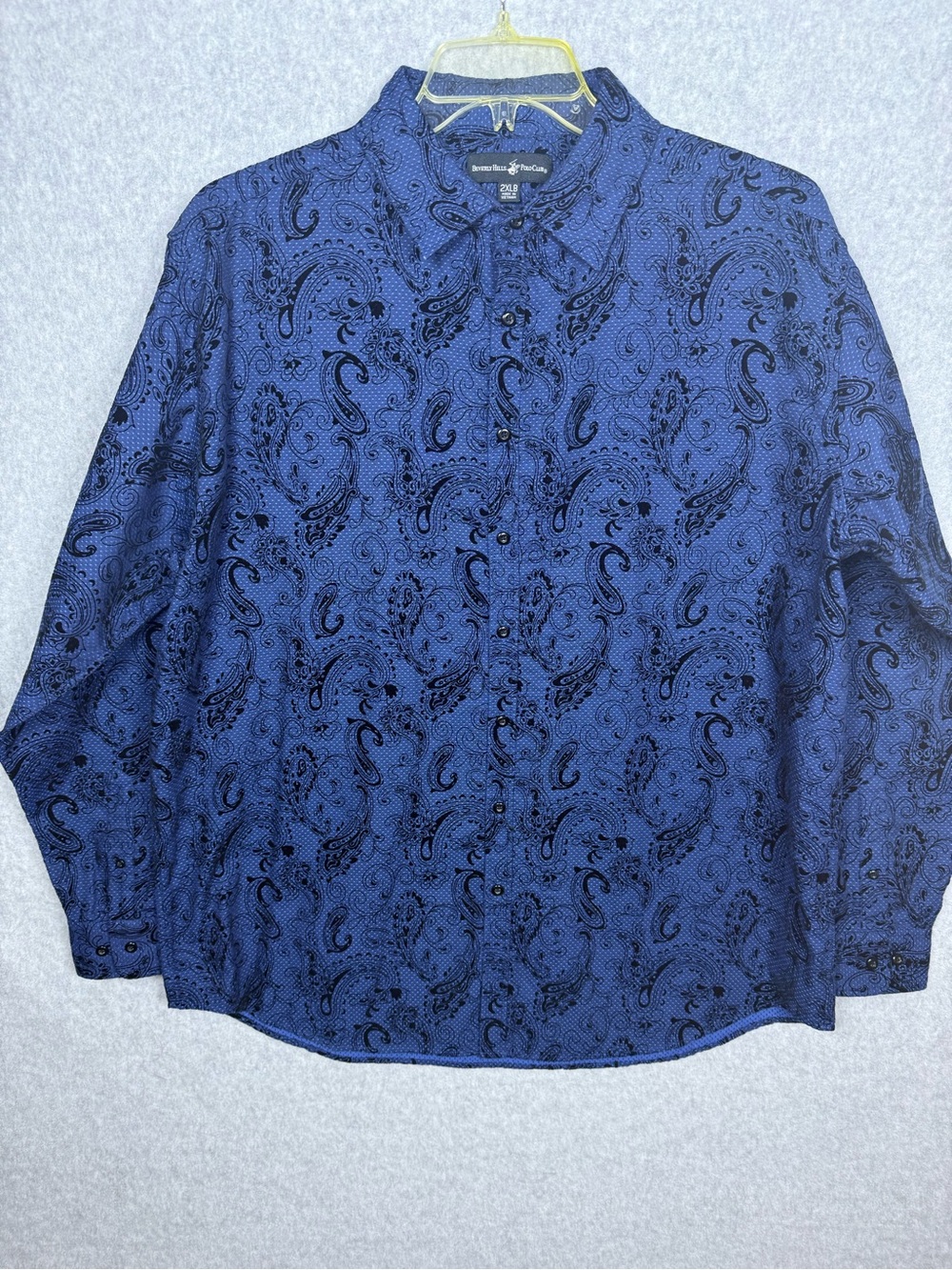 Beverly Hills Polo Club 2XLB Blue Paisley Flocked Velvet Button Front Shirt Goth